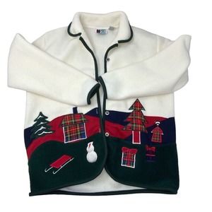 Vintage Bold Spirit Christmas Snowman Womens Red Cardigan Fleece‎ Size MP